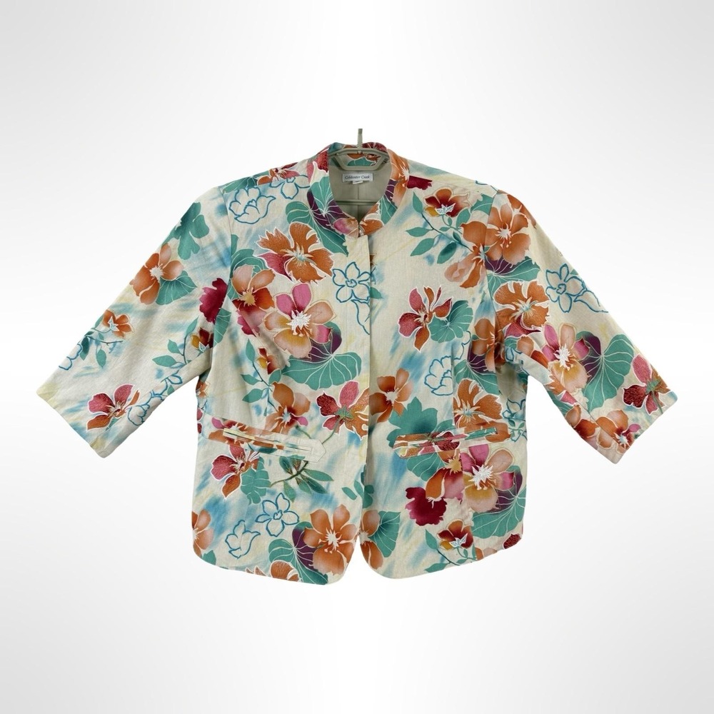 Coldwater Creek Women's 24W Floral Embroidered Linen Blend Blazer Jacket